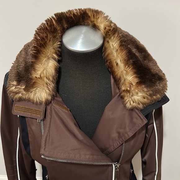 SPYDER Y2K BROWN & BLACK FAUX FUR COLLAR MOTO SKI JACKET COAT SIZE 8 - Picture 3 of 17